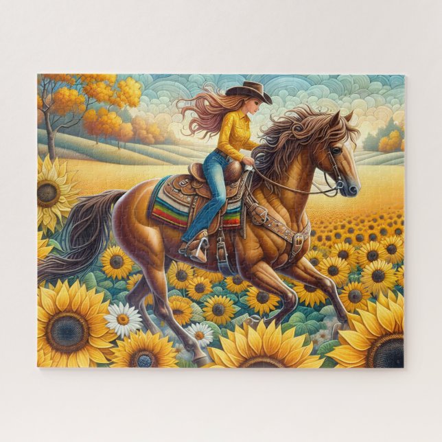Puzzle Jolie Cowgirl Cheval Soleil (Horizontal)