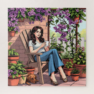 Puzzle Jolie Dame Boire Du Café Relaxant Dehors