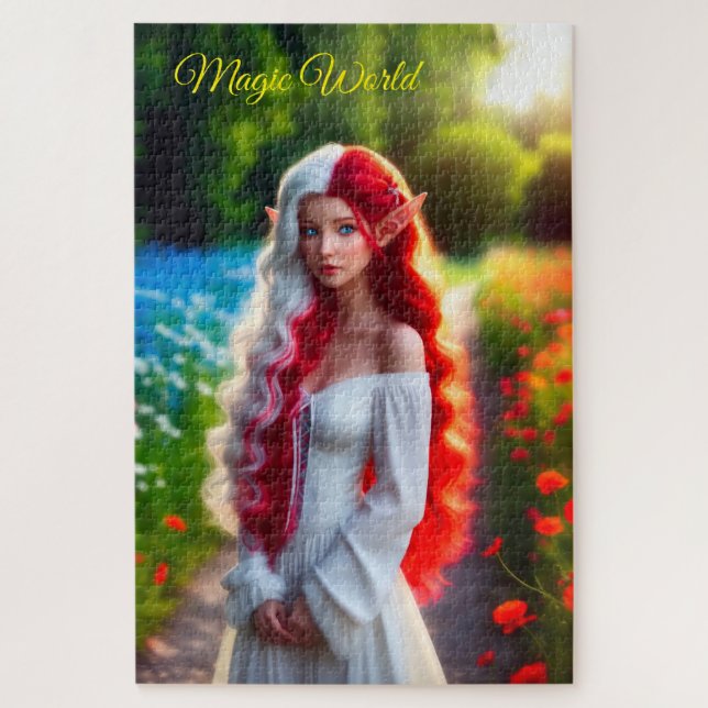 Puzzle Jolie elfe fille brillant belle magie blanc rouge (Vertical)