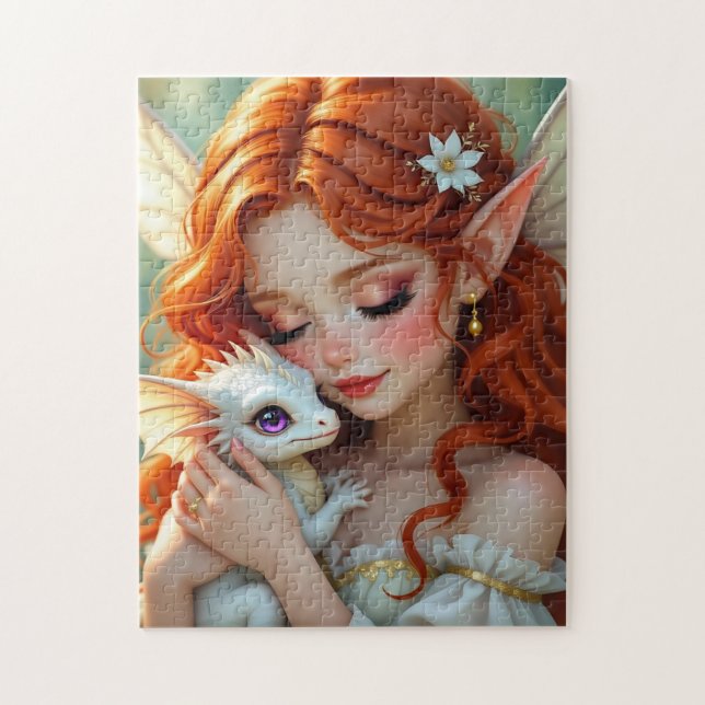Puzzle Jolie fée aux cheveux roux avec dragon (Vertical)