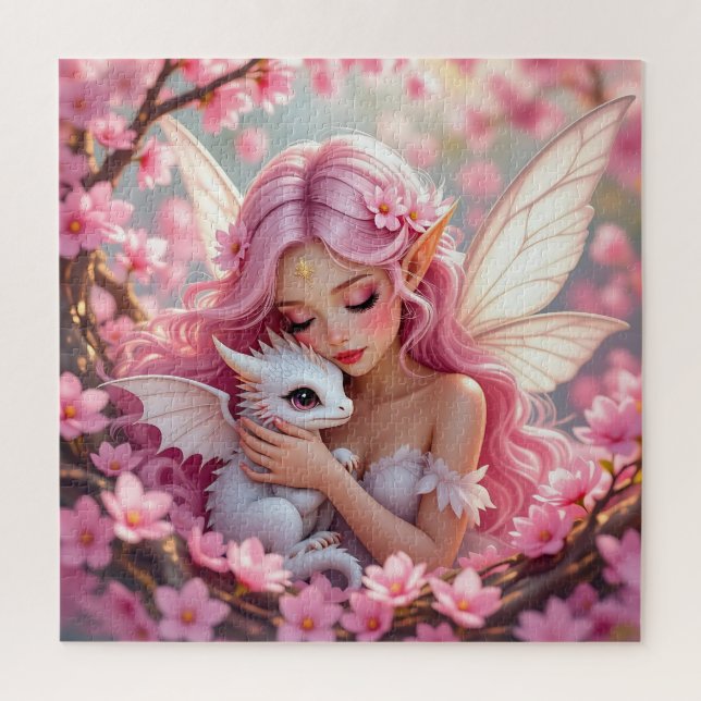 Puzzle Jolie fée elfe rose et dragon  (Vertical)