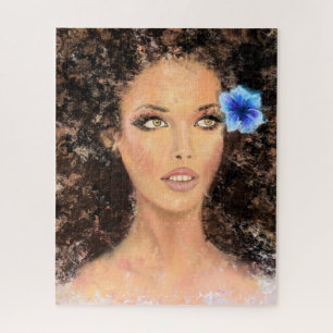 Puzzle Jolie femme avec Fleur Bleue - Peinture originale