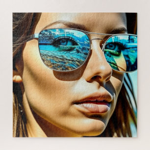 Puzzle Jolie femme avec réflexion sur les lunettes de sol