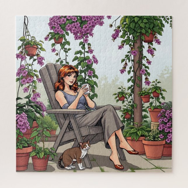Puzzle Jolie femme buvant du café, son chien et Plantes (Vertical)