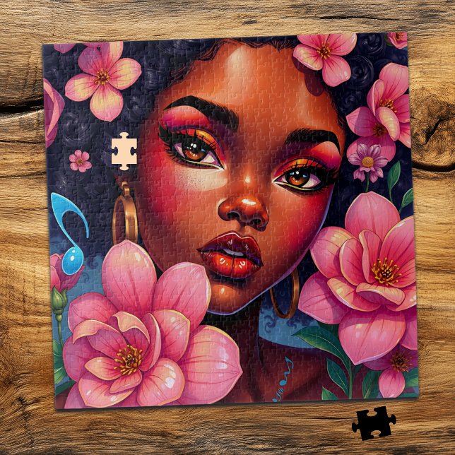 Puzzle Jolie femme de couleur aux fleurs roses (Créateur téléchargé)