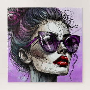 Puzzle Jolie femme en lunettes de soleil violettes et rou