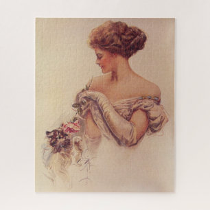 Puzzle Jolie femme tenant un chaton (par Harrison Fisher)