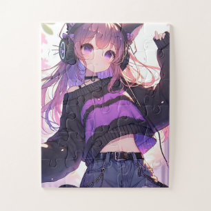 Puzzle Jolie fille Anime dans casque avec oreilles de cha