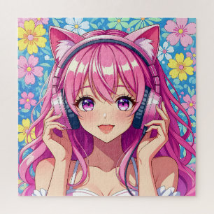 Puzzle Jolie Fille Anime Rose avec Écouteurs