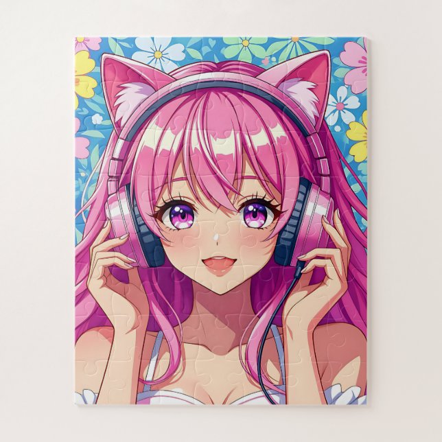Puzzle Jolie Fille Anime Rose avec Écouteurs (Vertical)