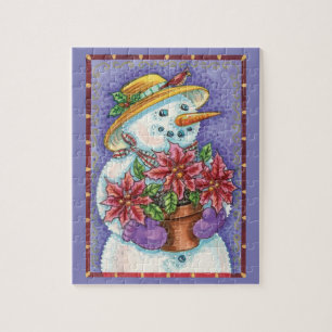 Puzzle Jolie fille de Noël Snowman avec Poinsettia