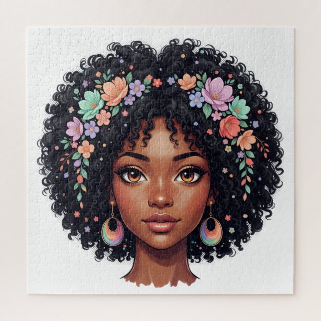 Puzzle Jolie Fille Noire avec Couronne de Fleurs Afro (Vertical)