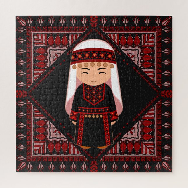 Puzzle jolie fille palestinienne Broderie rouge tatreez (Vertical)