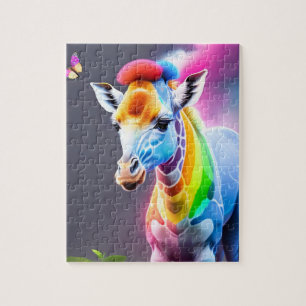 Puzzle Jolie Giraffe Arc En Ciel Et Papillon Coloré