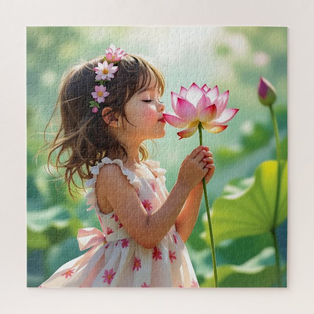 Puzzle Jolie petite fille sentant une rose rose (Vertical)