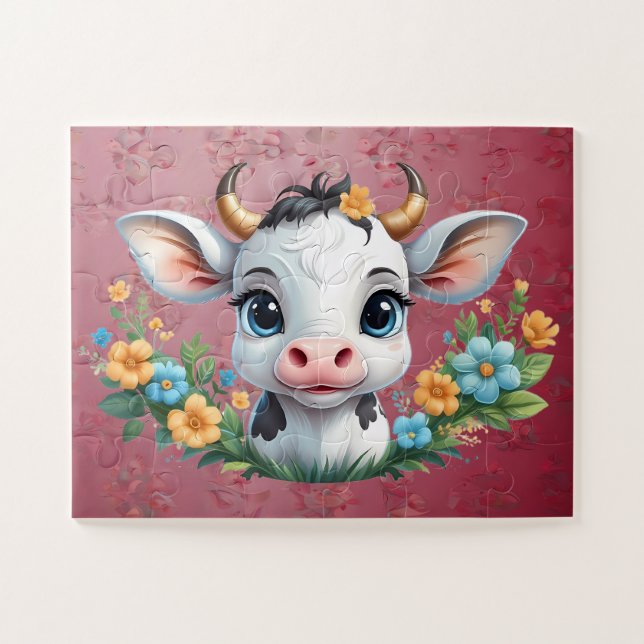 Puzzle Jolie petite vache fille en fleurs (Horizontal)