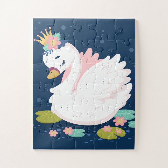 Puzzle Jolie princesse bébé cygne blanc rose vert bleu (Vertical)