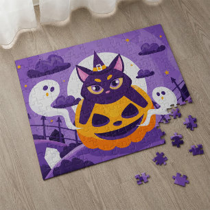 Puzzle Jolie sorcière chat Halloween et citrouille avec d