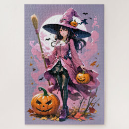 Puzzle Jolie sorcière d'Halloween Animée, Jack-O-Lanterns