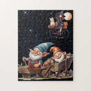 Puzzle Jolie Sorcière Et Gnomes Heureux Dans La Nuit Étoi
