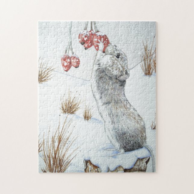 Puzzle jolie souris bois hiver neige (Vertical)