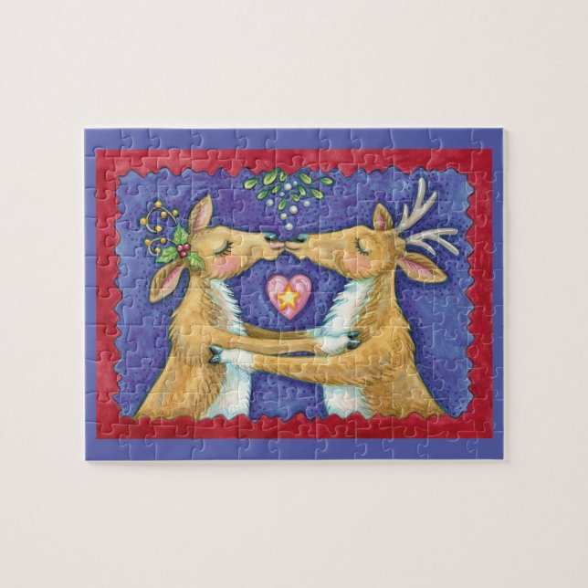 Puzzle Jolis rennes de Noël, baiser romantique avec du gu (Horizontal)