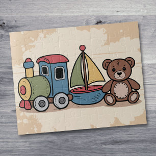 Puzzle Jouets en bois avec train, voilier et ours en pelu