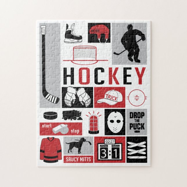 Puzzle Joueur à bâtons pour éléments de hockey rouge (Vertical)
