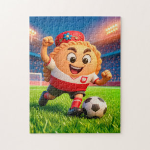 Puzzle joueur de football pierogi polonais sur un terrain