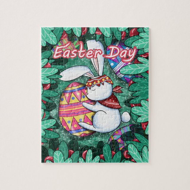 Puzzle Jour de Pâques Lapin Mignon Serrant un Œuf Décoré (Vertical)