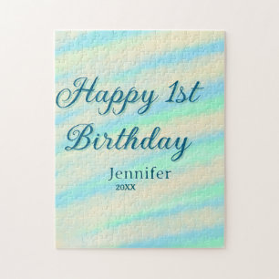 Puzzle Joyeux 1er anniversaire enfants bébé bleu vert pas