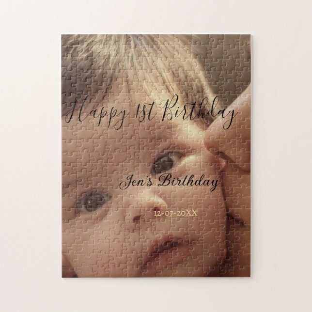 Puzzle Joyeux 1er anniversaire nom photo date stylé calli (Vertical)