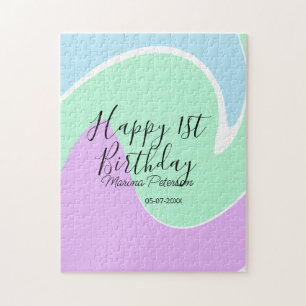 Puzzle Joyeux 1er anniversaire rose vert bleu acrylique v