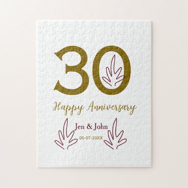 Puzzle Joyeux 30e anniversaire nom date feuille rouge dor (Vertical)