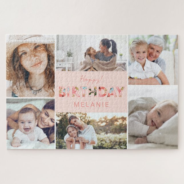 Puzzle Joyeux Anniversaire Photo Collage & Motif Floral (Horizontal)