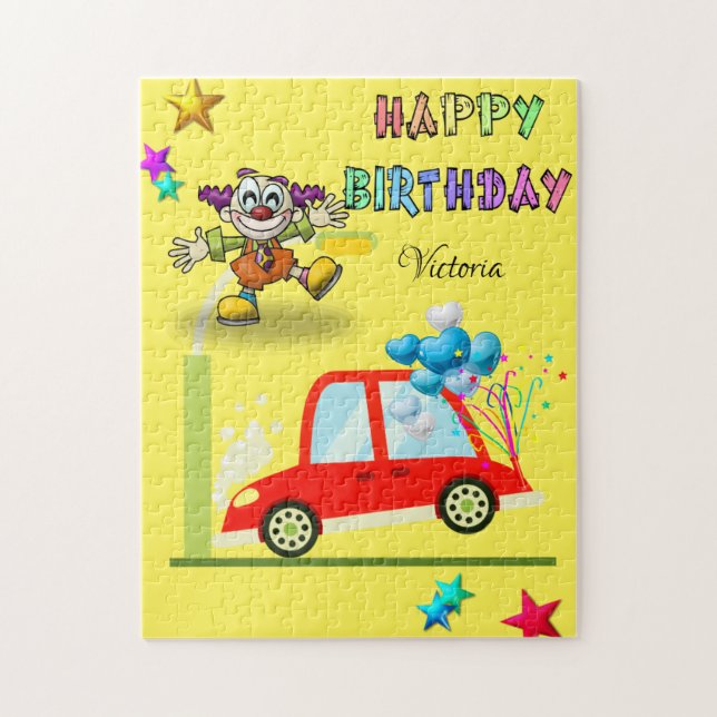 Puzzle Joyeux Anniversaire Voiture Clown Stars Coeurs Ble (Vertical)