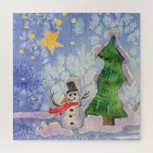 Puzzle Joyeux Arbre De Noël Et Aquarelle De Snowman Froid
