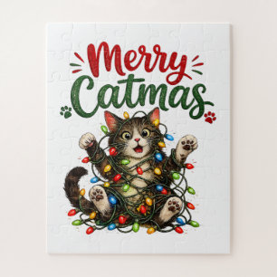 Puzzle Joyeux Catmas Drôle Chat Arbre de Noël Lumières Xm