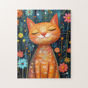 Puzzle Joyeux Chat Orange Fleurs Whimsical