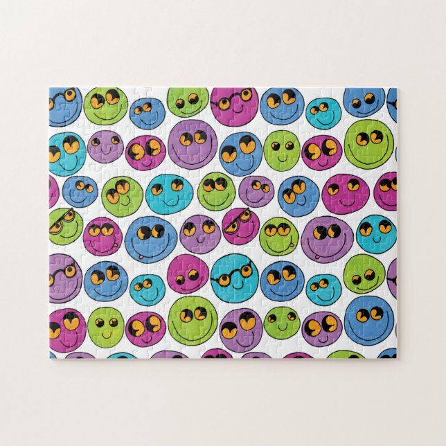Puzzle Joyeux Emoji face Motif bleu violet rose vert rose (Horizontal)