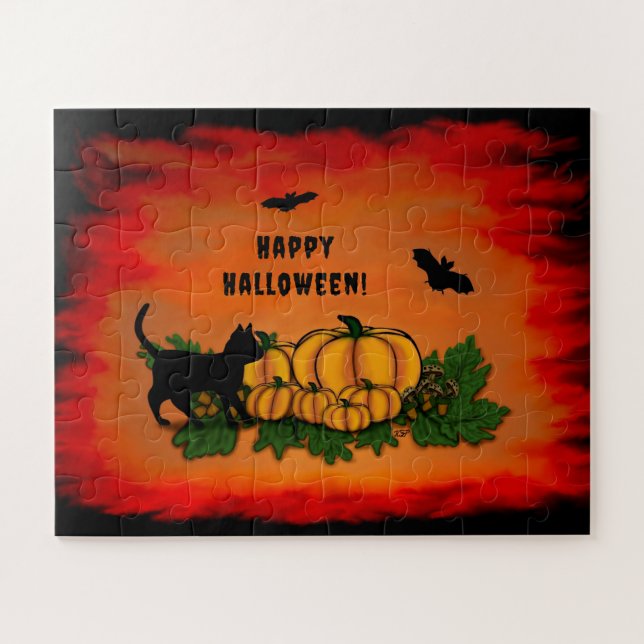 Puzzle Joyeux Halloween, Chat Noir, Chauve-souris et Citr (Horizontal)