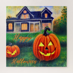 Puzzle Joyeux Halloween - citrouilles devant une maison