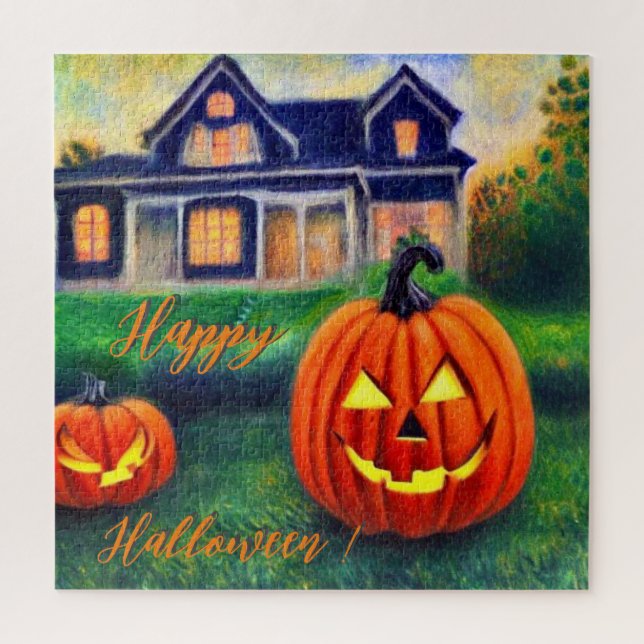 Puzzle Joyeux Halloween - citrouilles devant une maison  (Vertical)