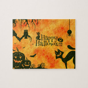 Puzzle Joyeux Halloween sorcières Chats Araigners Chouett