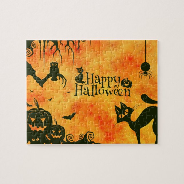 Puzzle Joyeux Halloween sorcières Chats Araigners Chouett (Horizontal)