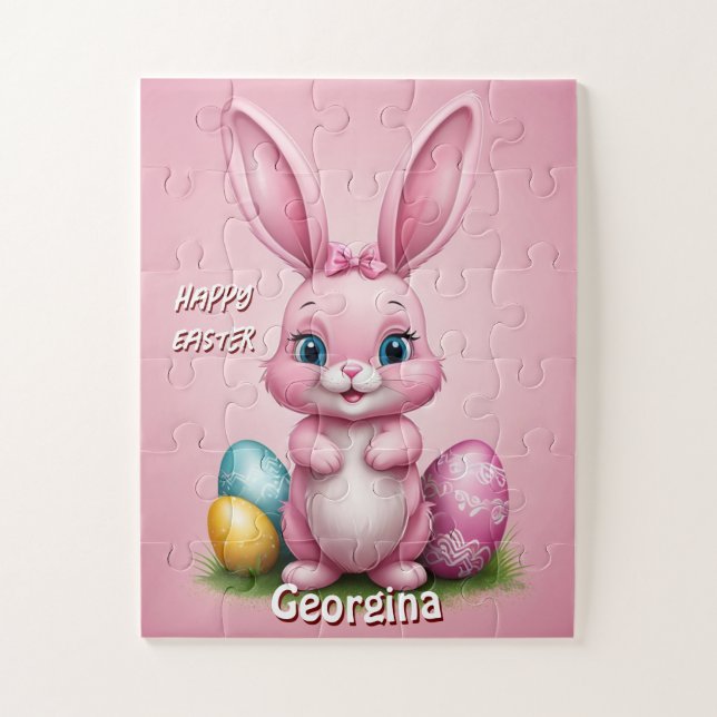 Puzzle Joyeux lapin de Pâques rose Personnalisé (Vertical)