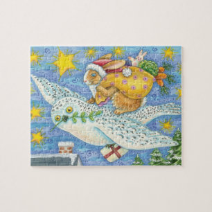 Puzzle Joyeux Noël avec un lapin en Père Noël sur un hibo