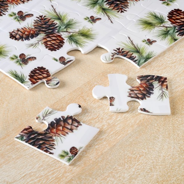 Puzzle Joyeux Noël Cônes de pin bruns Feuillage vert  (Côté)