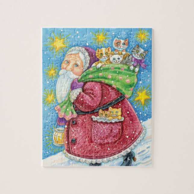 Puzzle Joyeux Noël, le Père Noël avec des chatons et des  (Vertical)