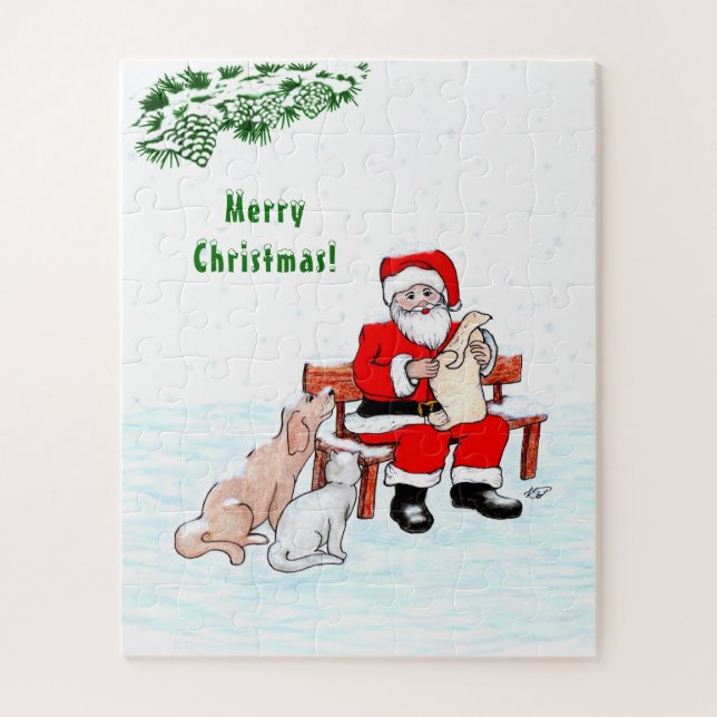 Puzzle Joyeux Noël! Père Noël avec chat et chien (Vertical)